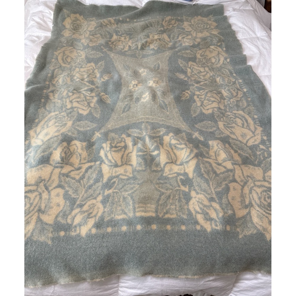 Vtg Wool Throw Blanket Golden Dawn St Moritz Roses Green Beige Flaws